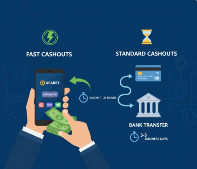 An infographic illustrating UFABET's optimal cashout methods, comparing "Fast Cashouts" via eWallets (showing a phone with eWallet logos, instant to 24-hour processing) with "Standard Cashouts" via bank transfer (showing a bank icon, 3-5 business days processing), emphasizing speed and secure playing.